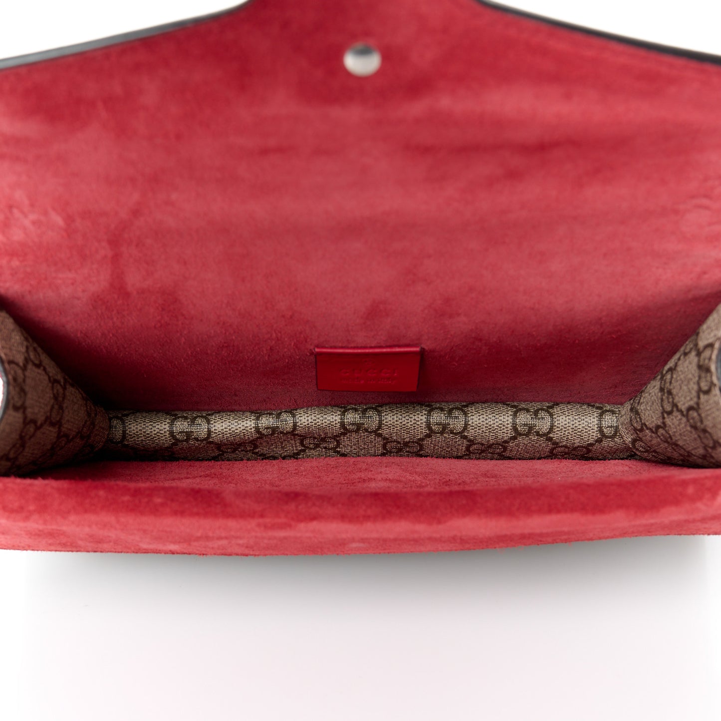 GG Supreme Monogram Suede Crystal Small Dionysus Shoulder Bag Beige Ebony Vulcanic Red