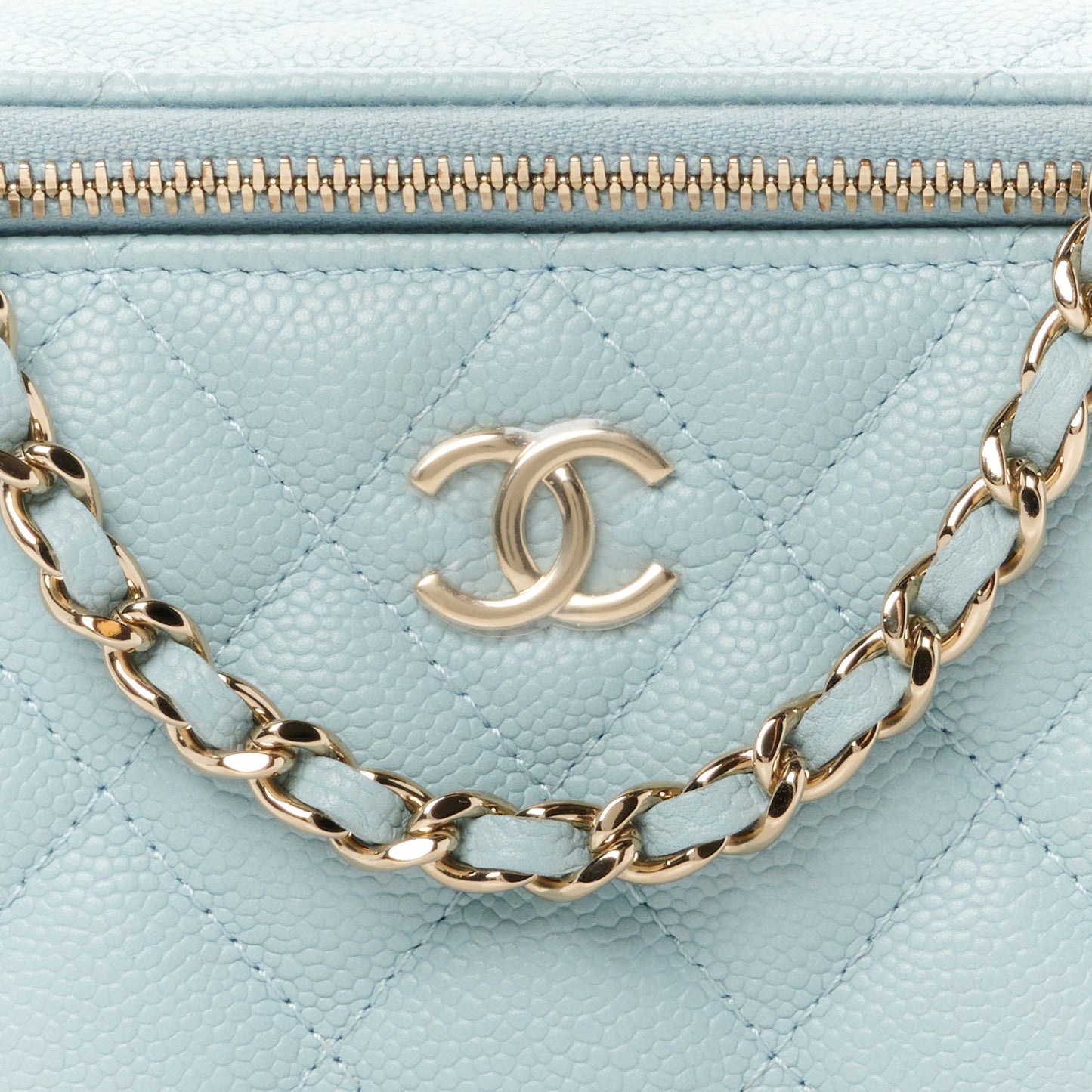 Caviar Quilted Small Tiny CC Vanity Case With Chain Light Blue