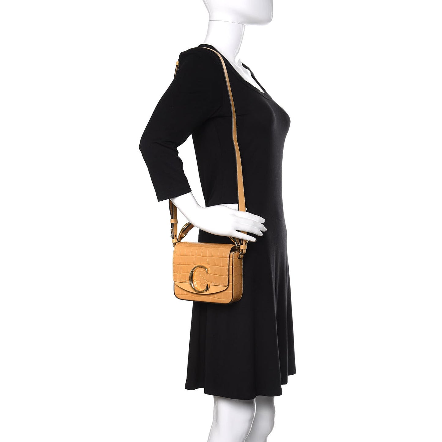 Calfskin Crocodile Embossed Mini C Double Carry Honey Gold