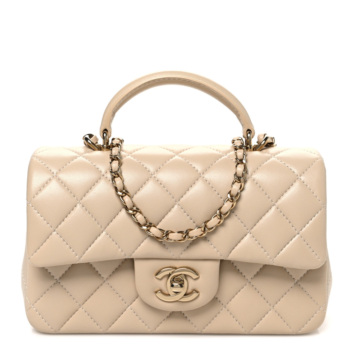 CHANEL ベージュ ボディバッグ Chanel Lambskin Quilted Mini Top Handle Rectangular Flap Beige