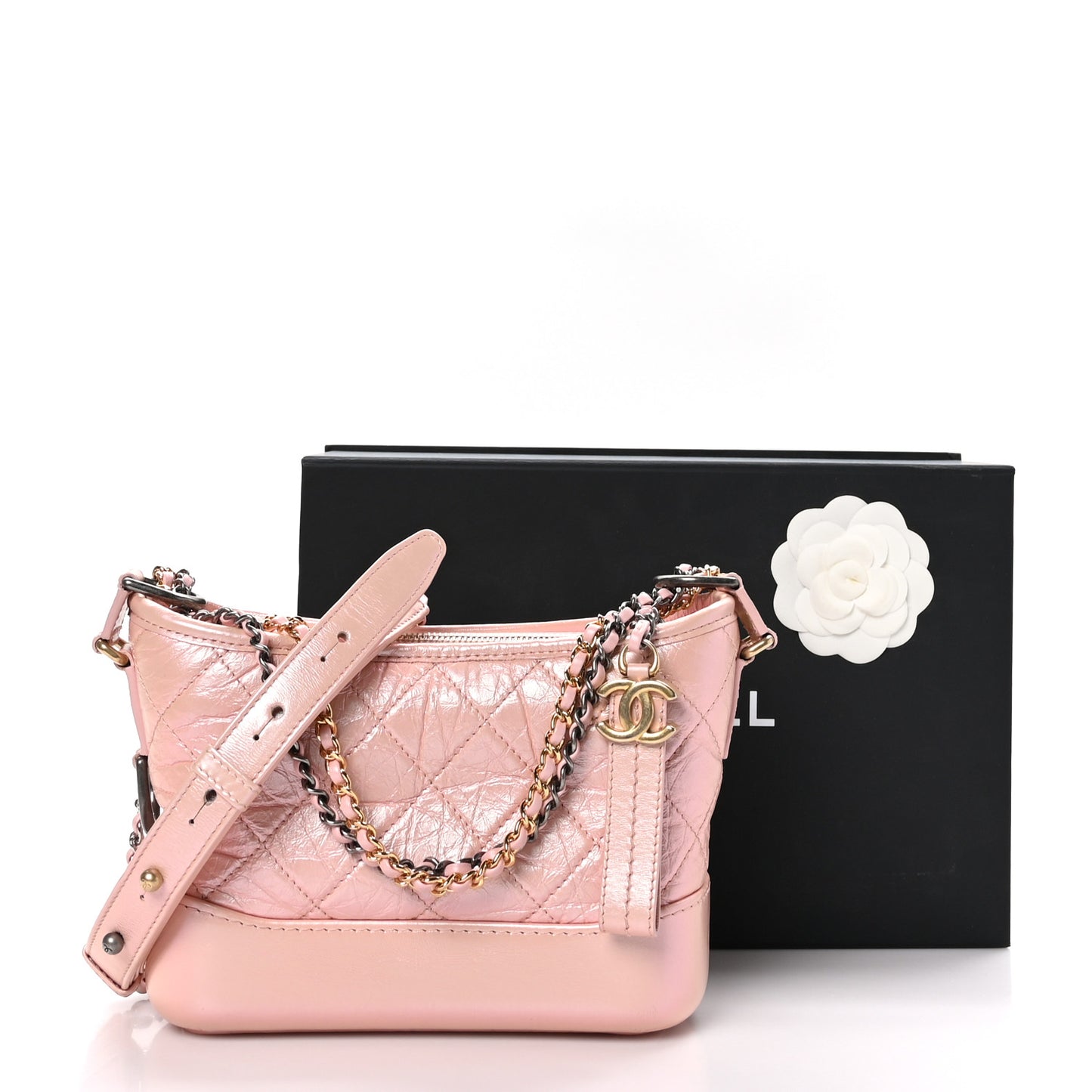 Iridescent Aged Calfskin Quilted Small Gabrielle Hobo Rose
