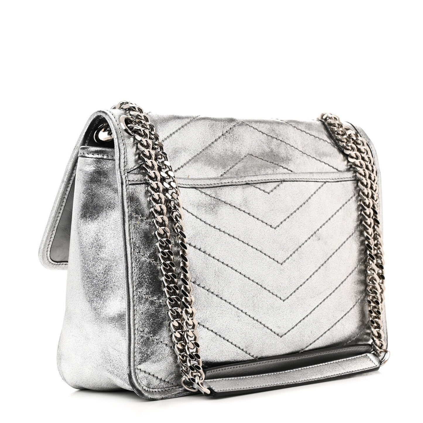 Metallic Lambskin Matelasse Monogram Medium Niki Chain Satchel Argento