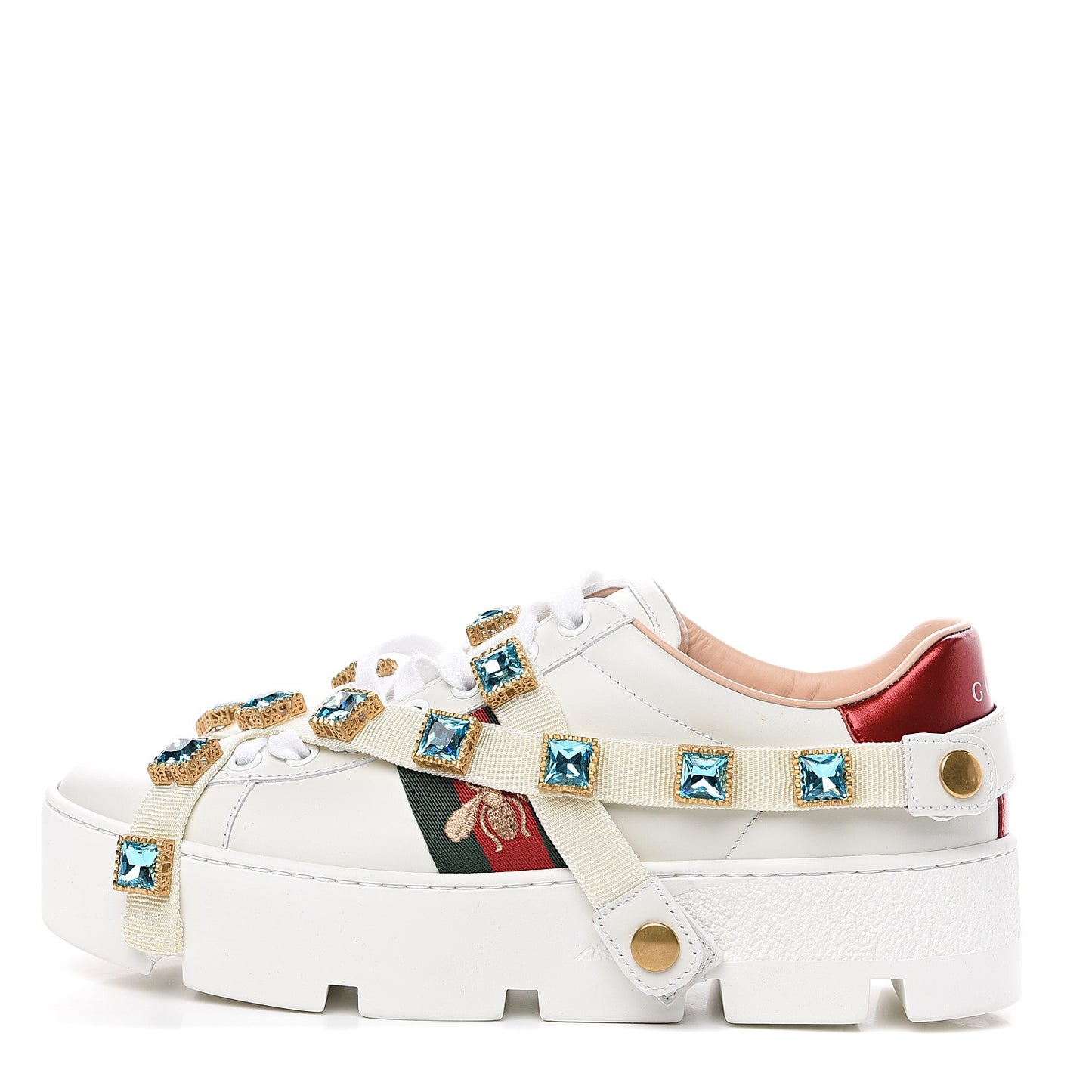 Calfskin Removable Crystals Bee Embroidered Womens Ace Platform Sneakers 37 White