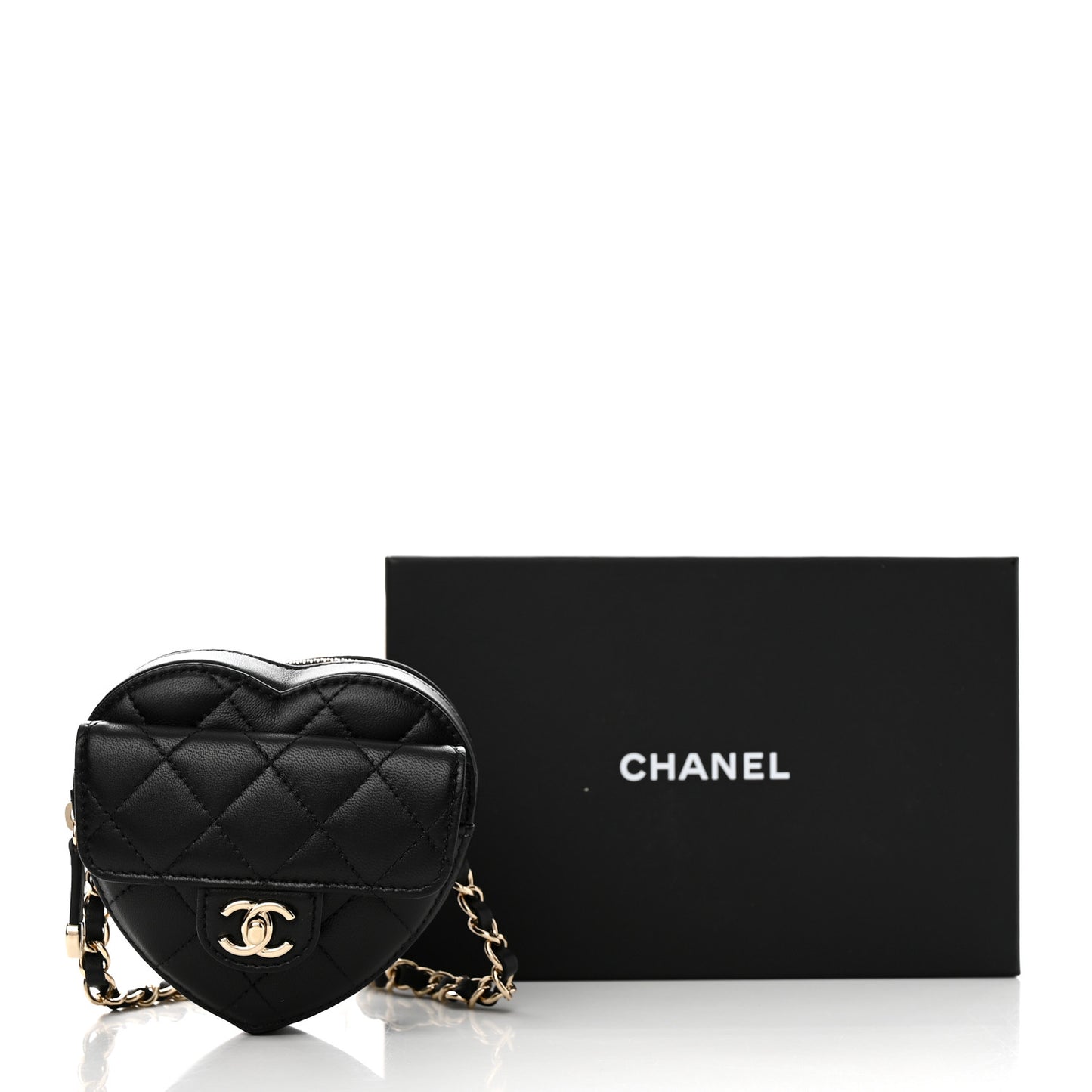 Lambskin Quilted CC In Love Heart Waist Belt Bag With Chain Black