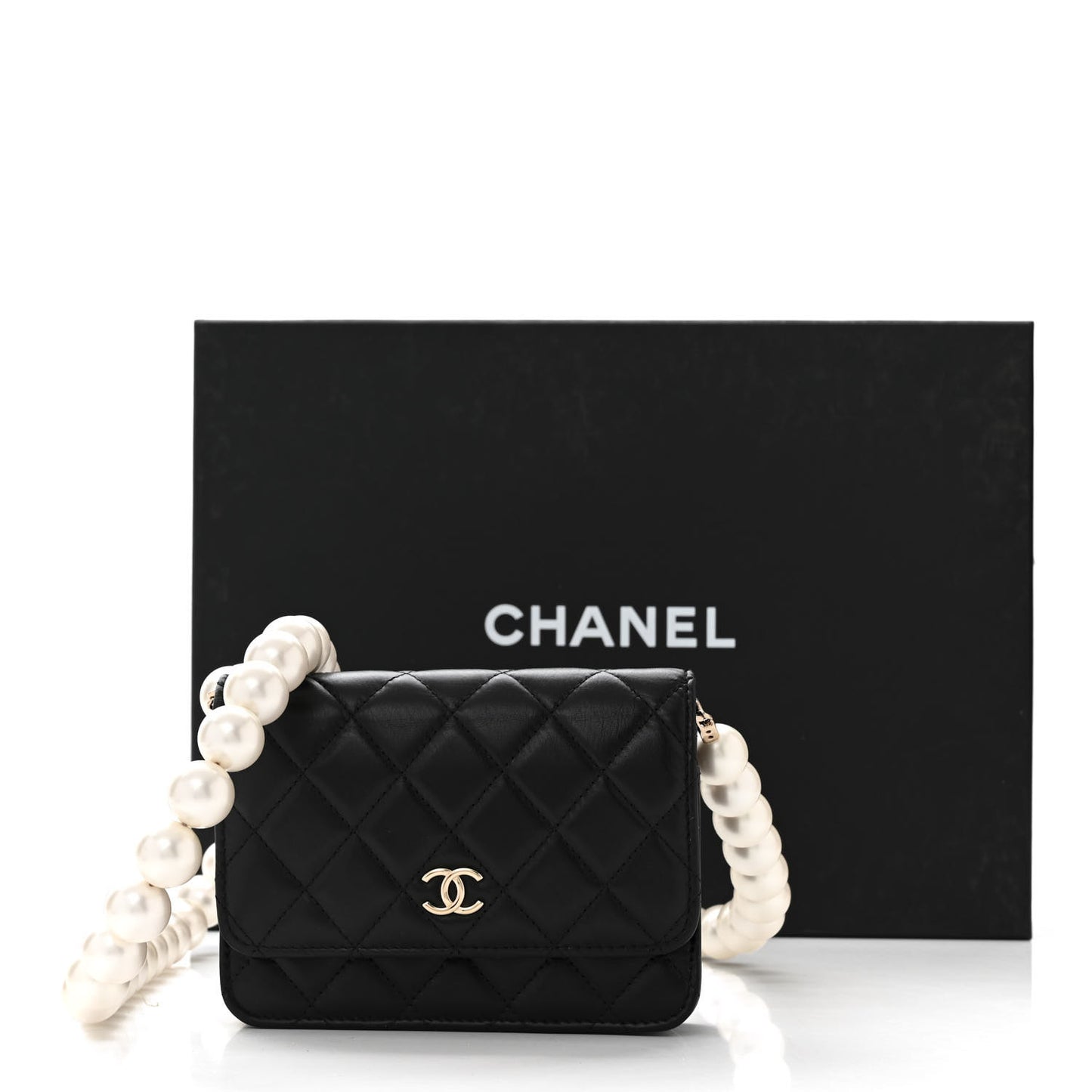 Calfskin Quilted Mini Maxi Pearls Wallet On Chain WOC Black