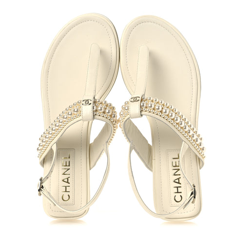 Lambskin Pearl Mini CC Thong Sandals 38 White