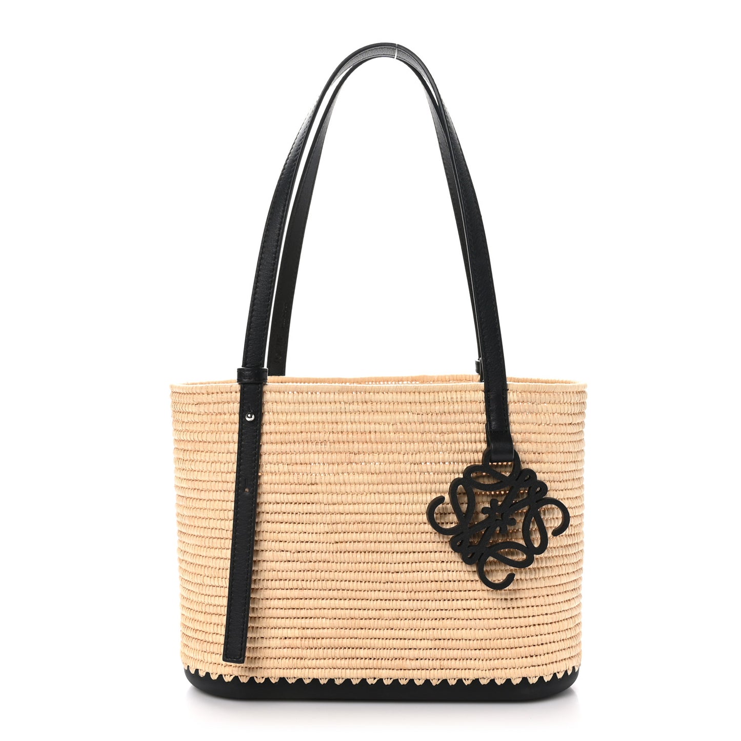 X PAULA'S IBIZA Raffia Calfskin Small Square Basket Tote Bag Natural Black