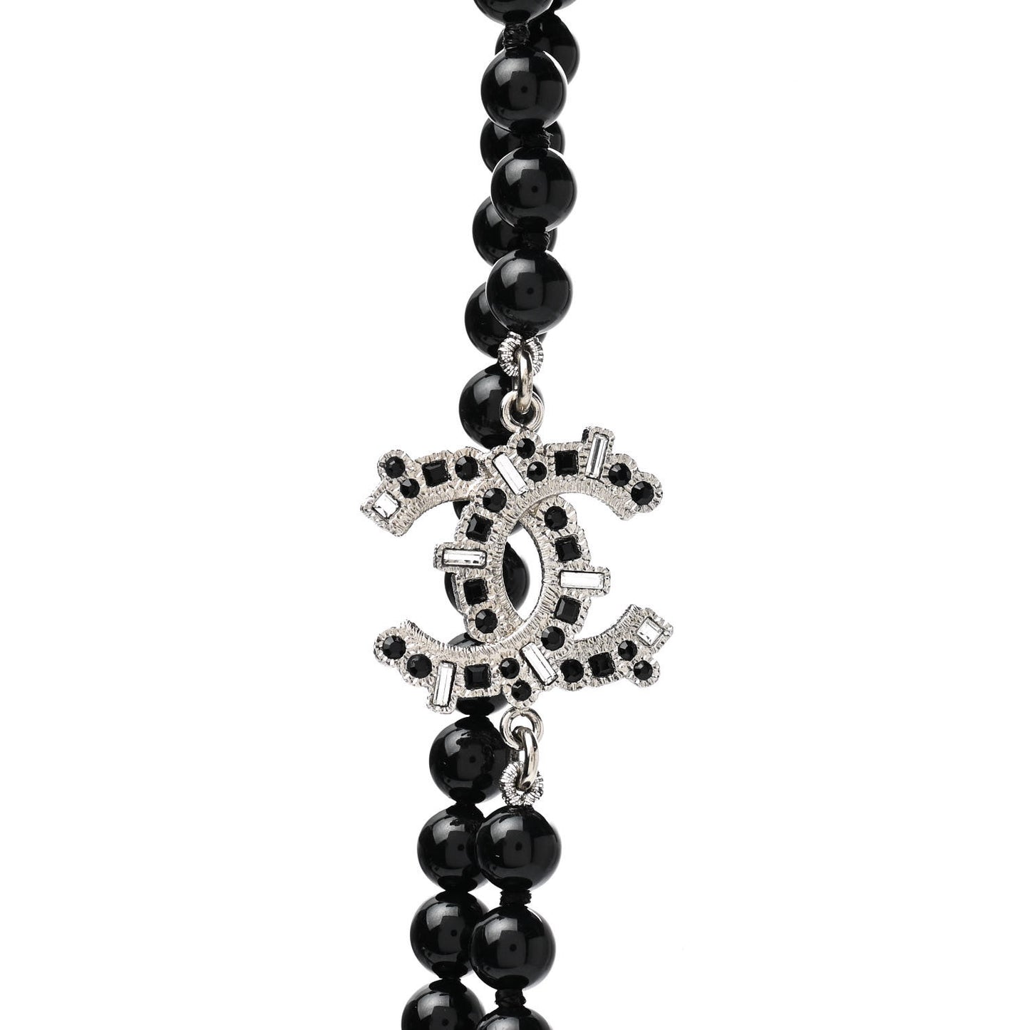 Baguette Crystal Beaded CC Long Necklace Black Silver