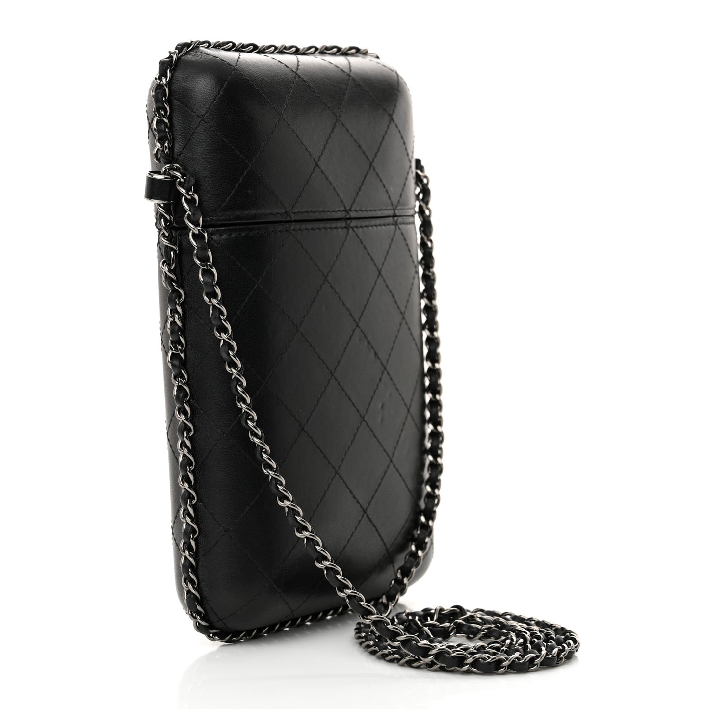 Lambskin Quilted Chain Around Phone Holder Black
