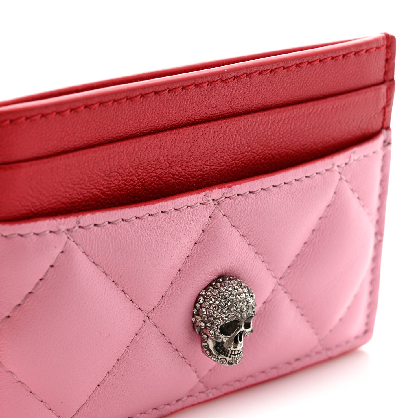 Lambskin Quilted Skull Card Holder Pastel Pink