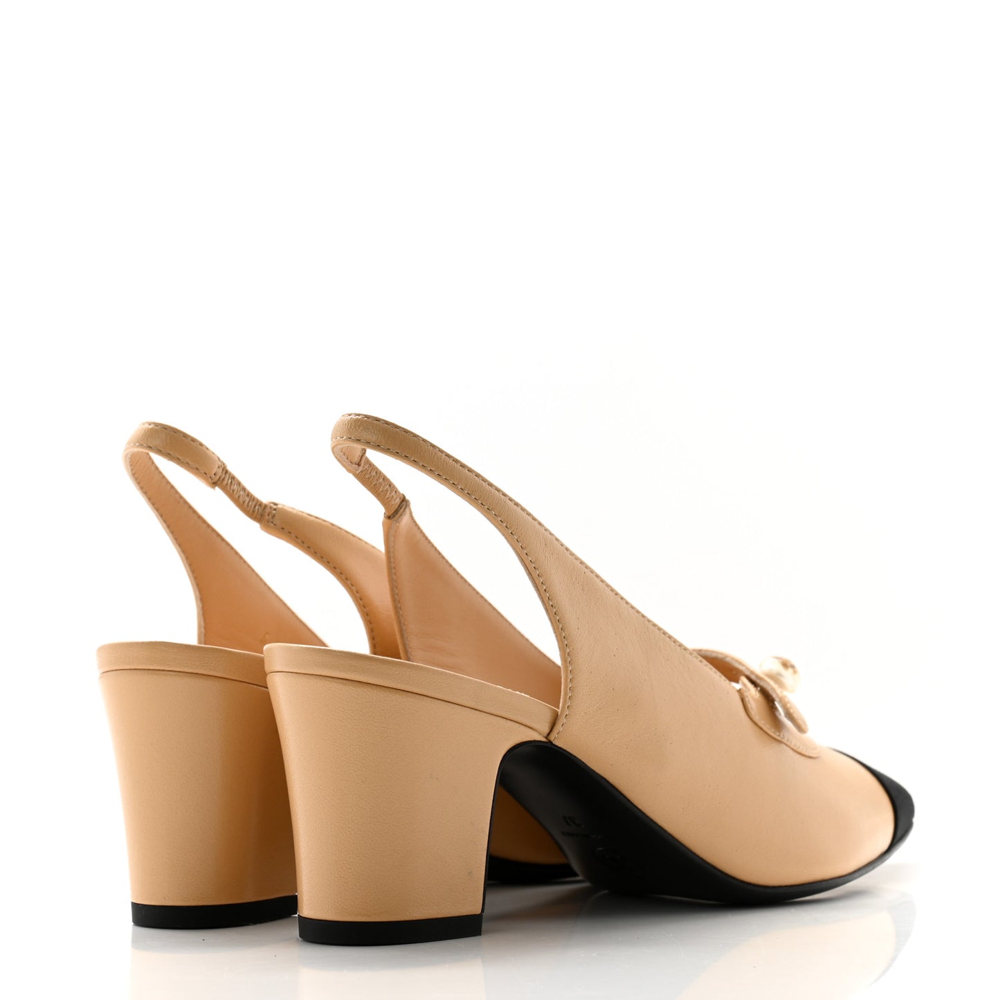 Shiny Lambskin Grosgrain Pointed Toe CC Slingback Pumps 37 Beige Black