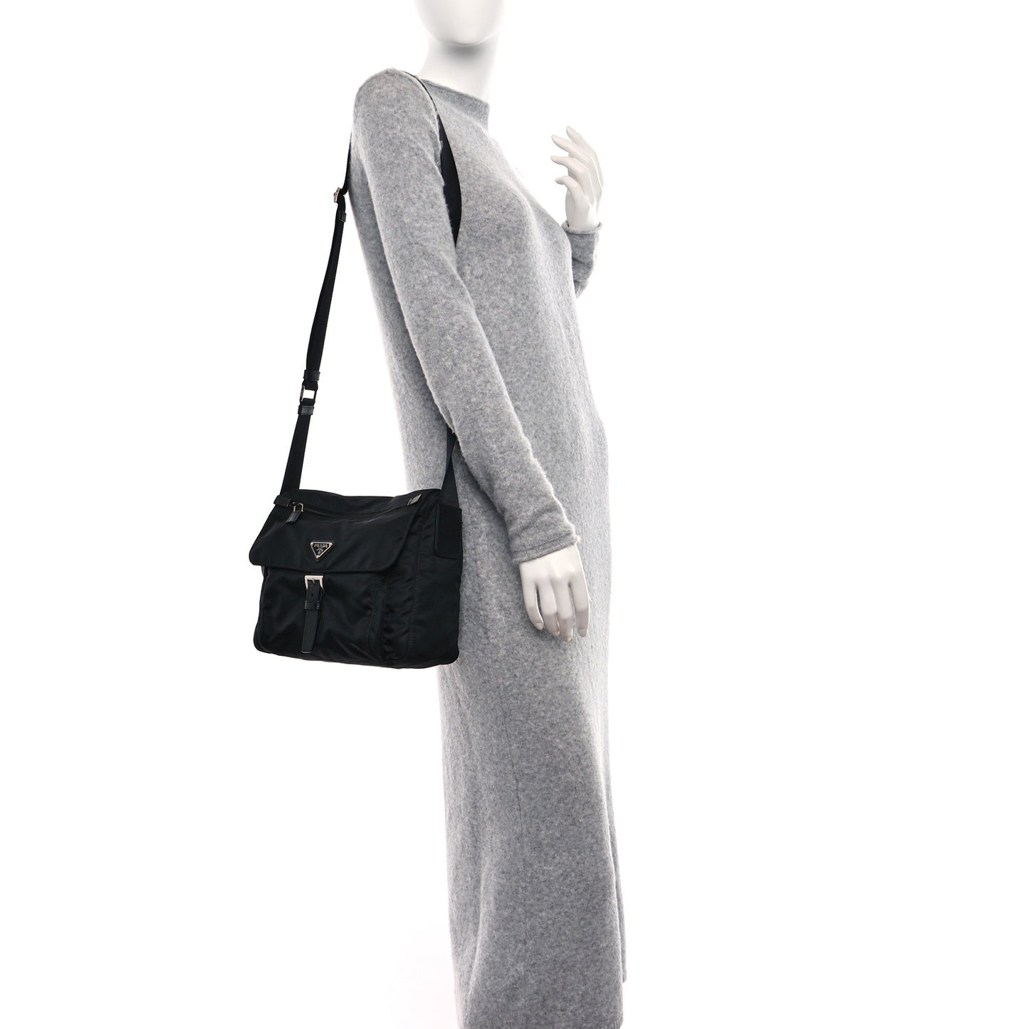 Nylon Vela Saffiano Single Buckle Messenger Shoulder Bag Black