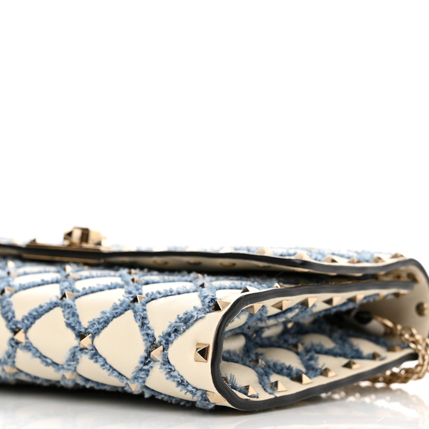 Nappa Denim Quilted Rockstud Spike Wallet on Chain Ivory Blue