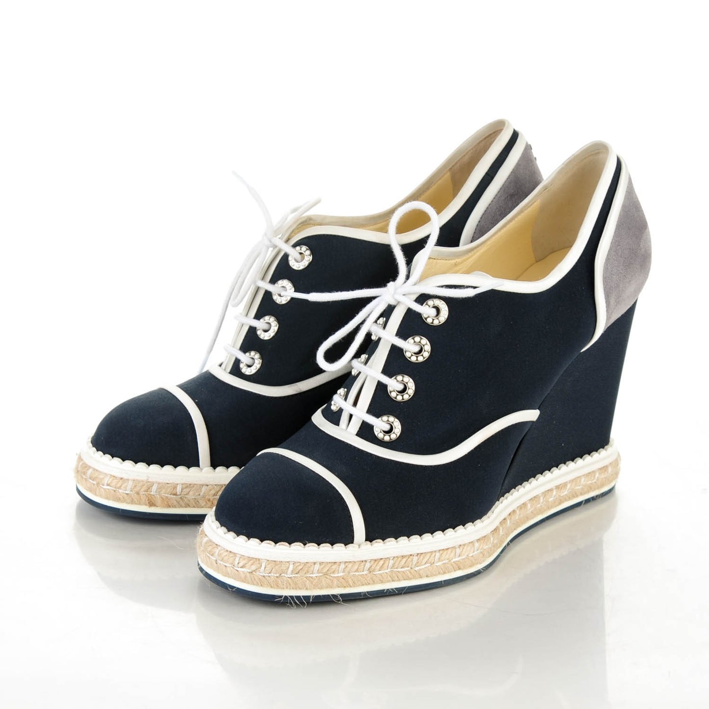 Silk Crepe Suede Calfskin Lace Up Wedge Espadrilles 41.5 Navy Grey
