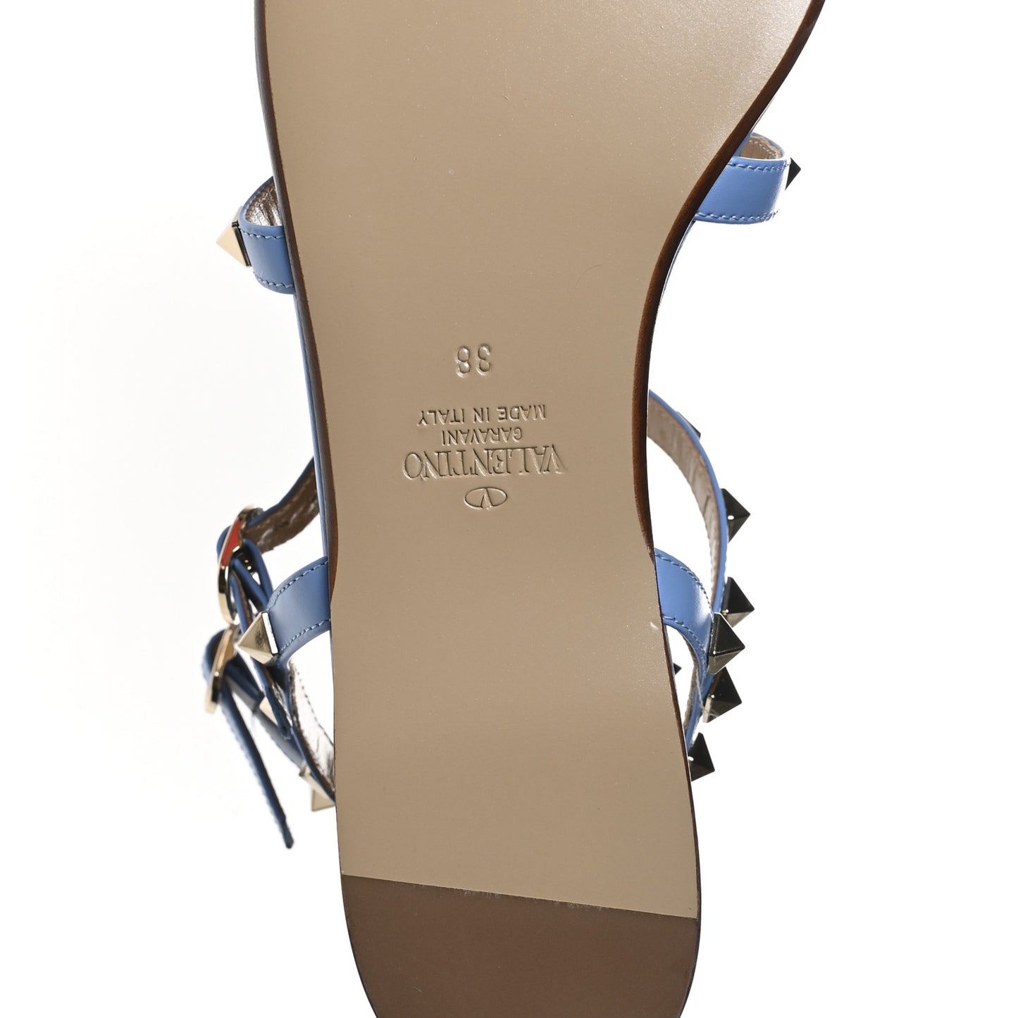 Calfskin Rockstud Gladiator Flat Sandals 36 Denim