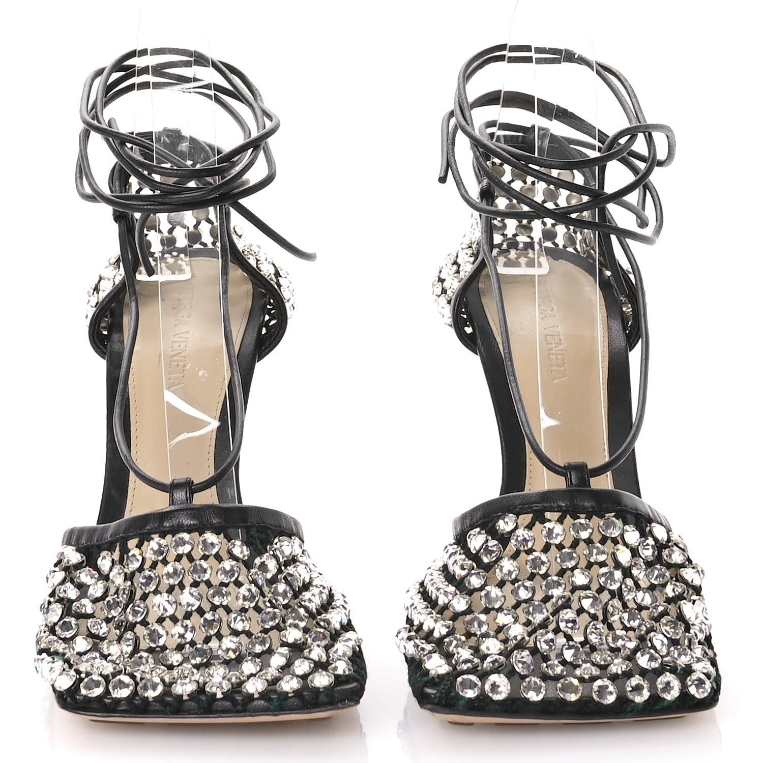 Bottega Veneta Mesh Nappa Crystal Embellished Sparkle Stretch Ankle Tie Sandals 38 Black 3 of 12