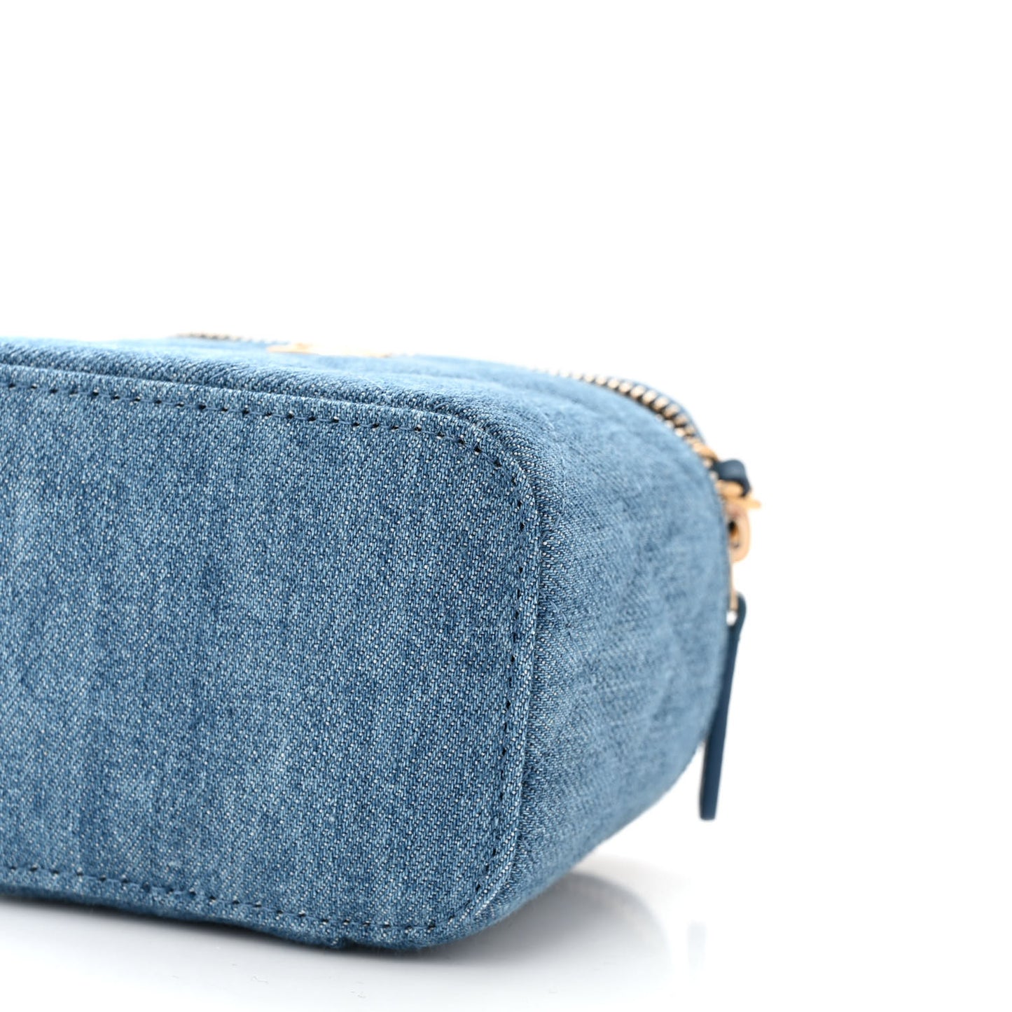 Denim Quilted Mini Pearl Crush Vanity Case With Chain