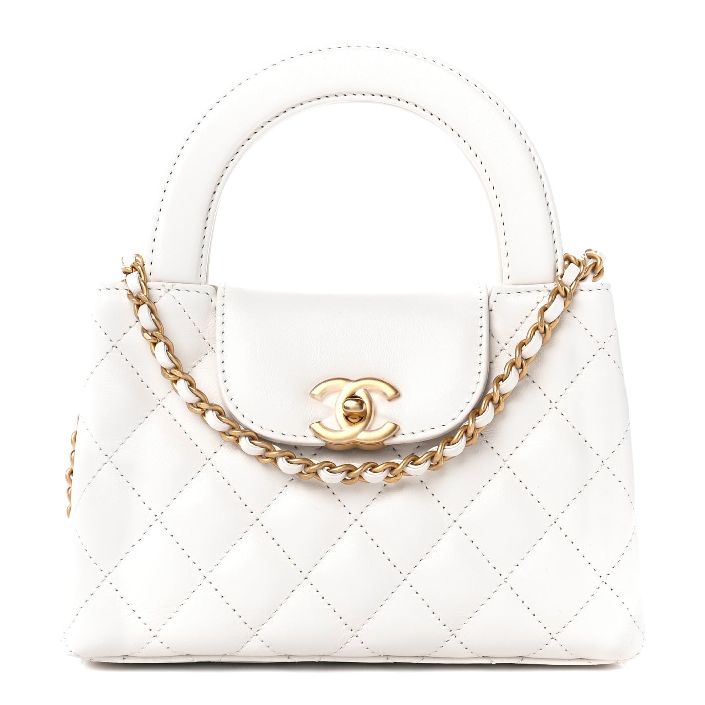 Shiny Aged Calfskin Quilted Nano Kelly Shopper White