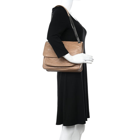 Crinkled Calfskin Matelasse Monogram Medium Niki Chain Satchel Dark Toffee