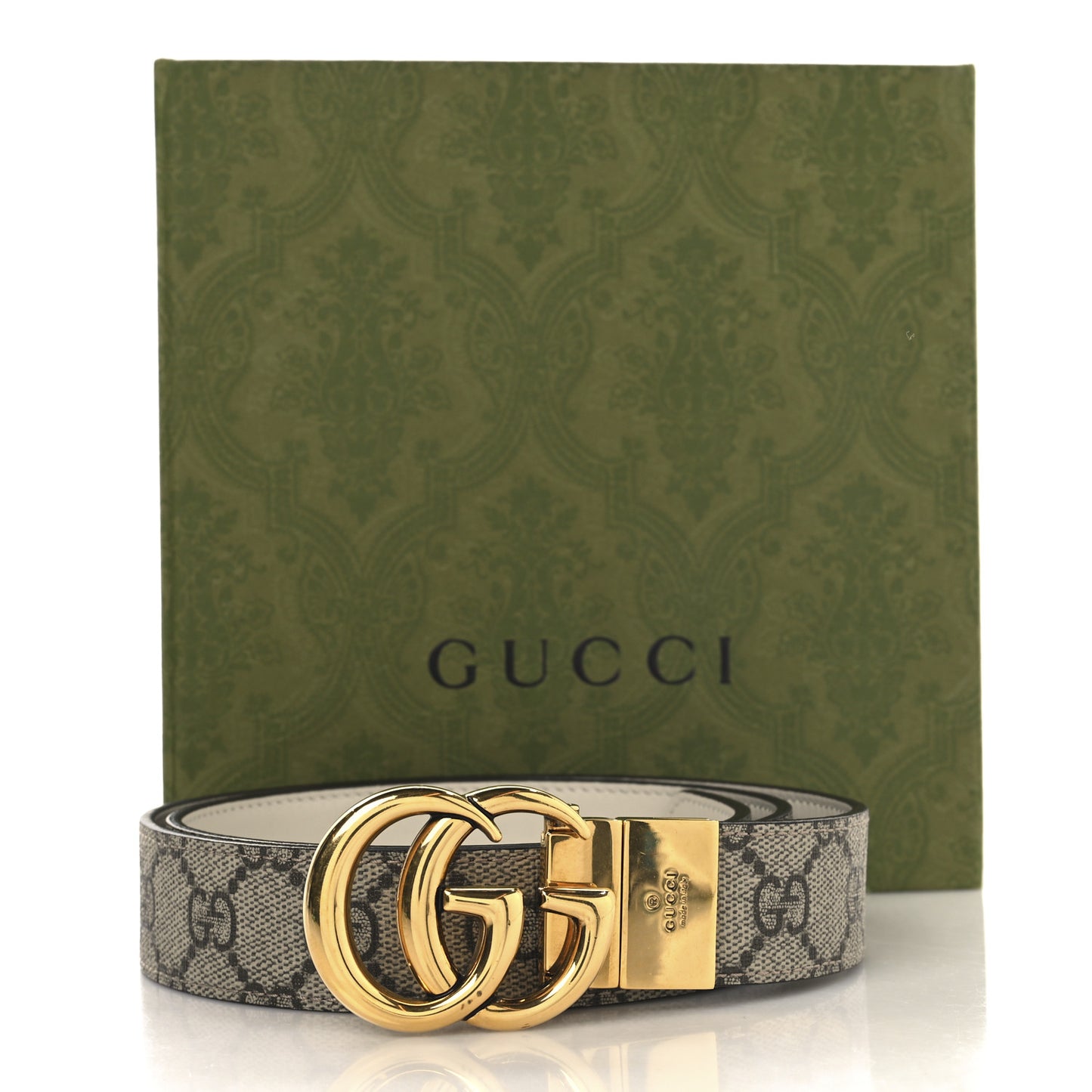 GG Supreme Monogram Plutone Calfskin Double G Reversible 30mm Belt 85 34 Beige Ebony Mystic White