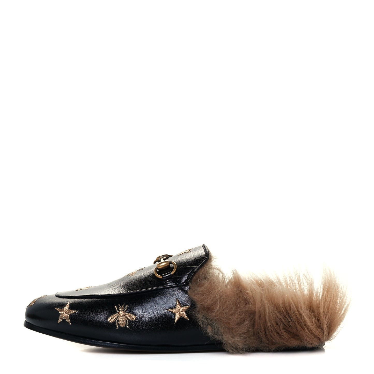 Goatskin Fur Bee Star Embroidered Womens Princetown Slippers 37 Black