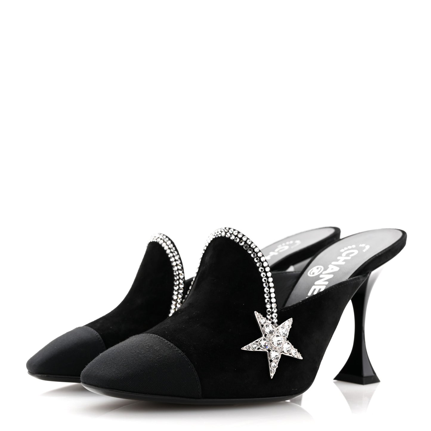 Suede Grosgrain Crystal Star Mules 37 Black
