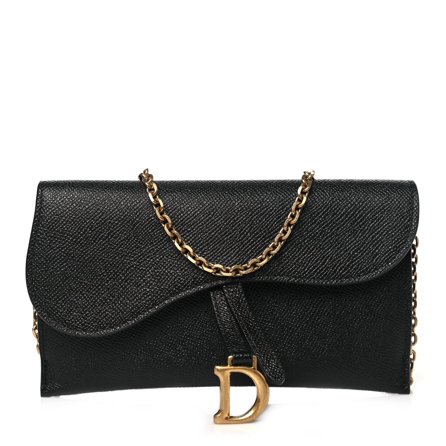 Grained Calfskin Saddle Chain Wallet Pouch Black