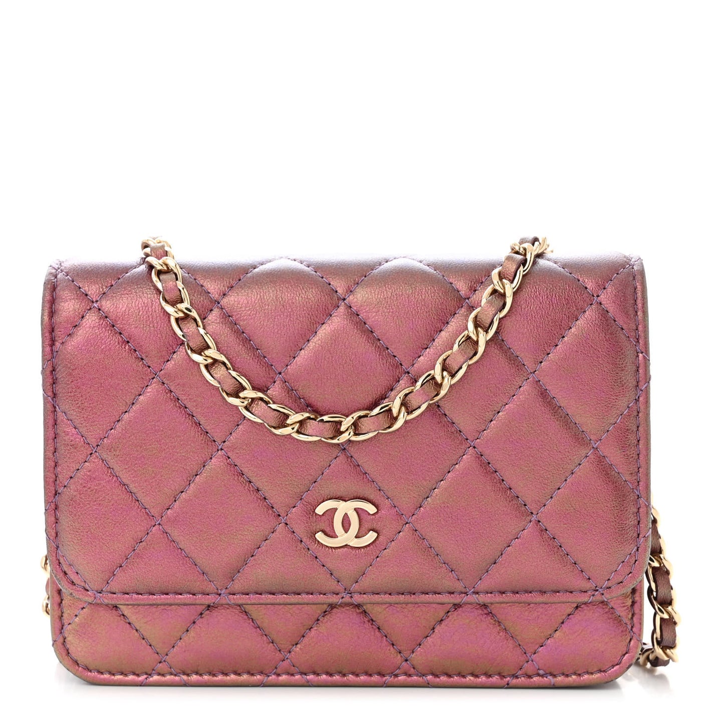 Iridescent Lambskin Quilted Mini Wallet On Chain WOC Purple