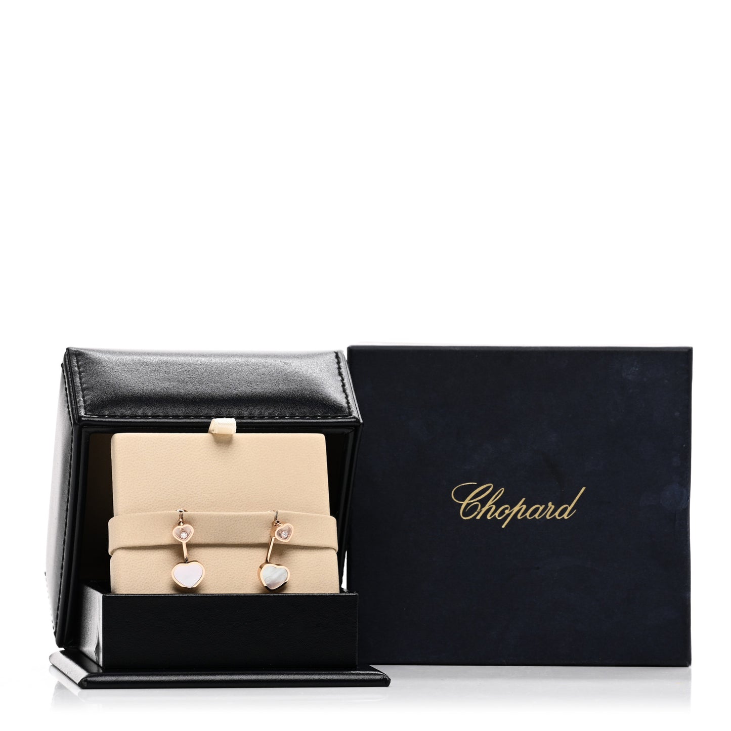 18K Rose Gold Diamond Mother of Pearl Floating Happy Hearts Drop Earrings