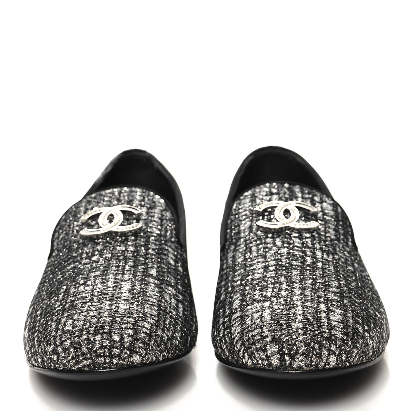 Fantasy Fabric Grosgrain CC Mocassin Loafers 36.5 Silver Black