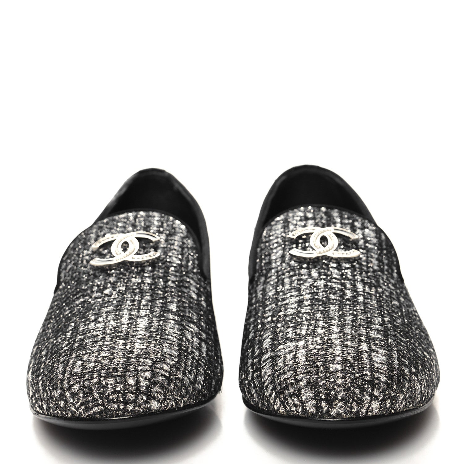 Chanel Fantasy Fabric Grosgrain CC Mocassin Loafers 36.5 Silver Black 2 of 11