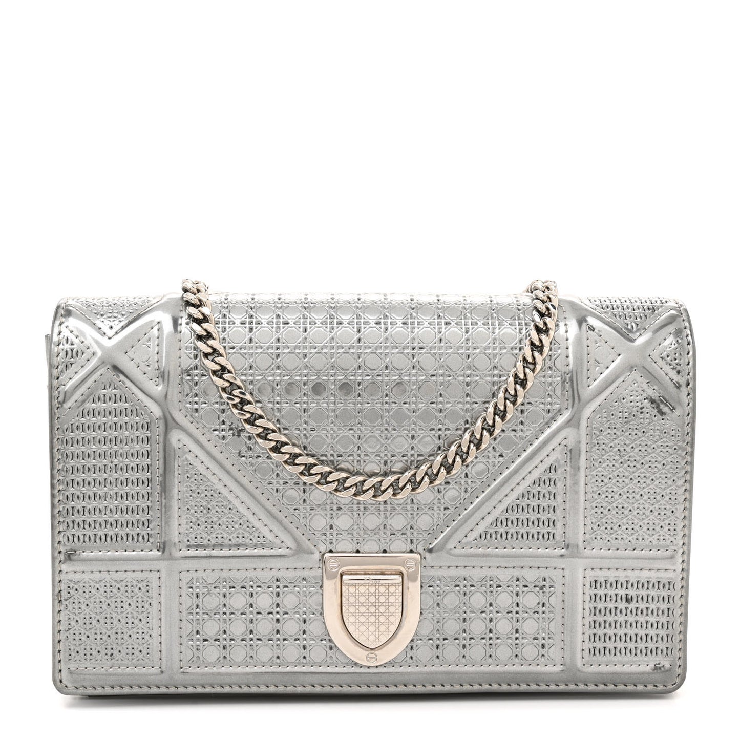 Metallic Patent Micro-Cannage Diorama Wallet on Chain Pouch Silver