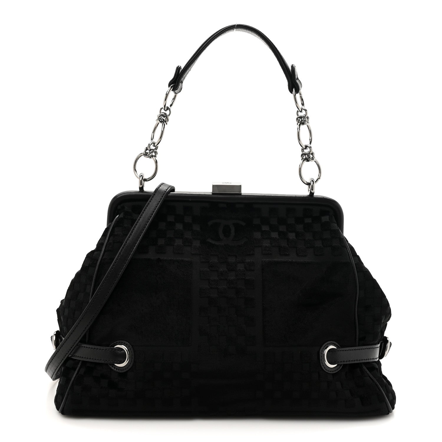Chanel Velvet Checkered Kiss Lock Shoulder Bag Black 1759851