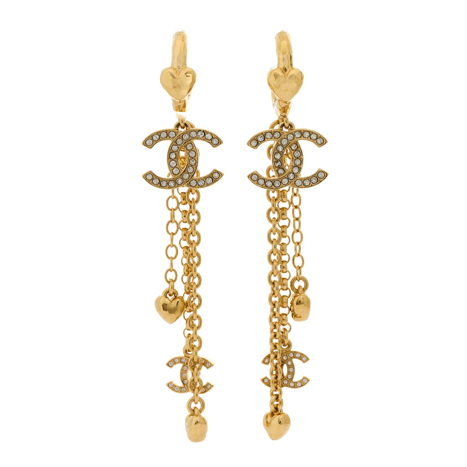 Chanel Metal Crystal CC Drop Heart Chain Earrings Gold 1 of 5