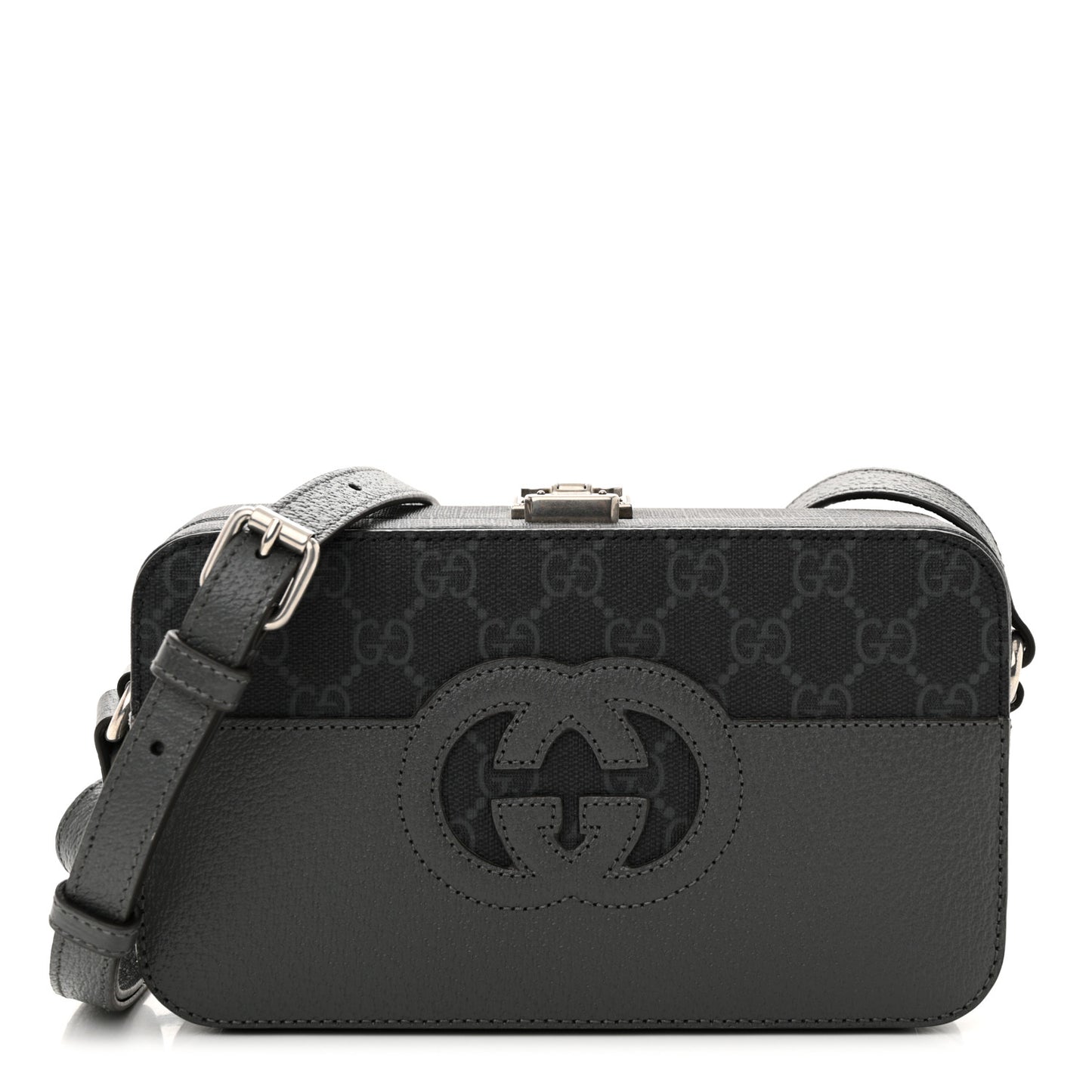 GG Supreme Monogram Textured Dollar Calfskin Mini New Basket Shoulder Bag Black Grey
