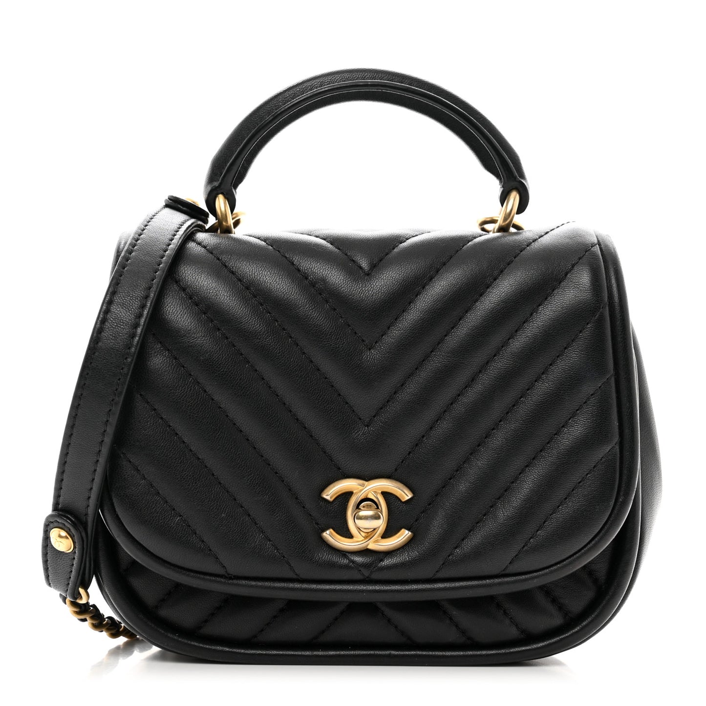 Lambskin Reverse Chevron Quilted Mini Round Top Handle Flap Black