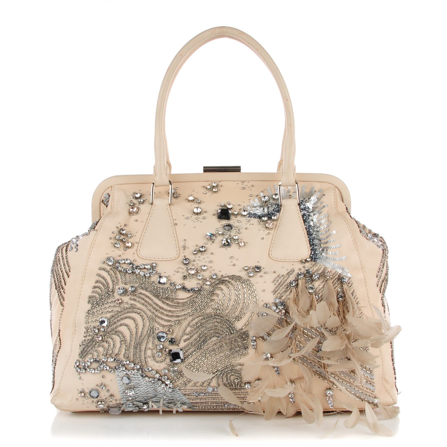 Valentino Garavani Feather Sequin Alice Glam Frame Satchel Beige
