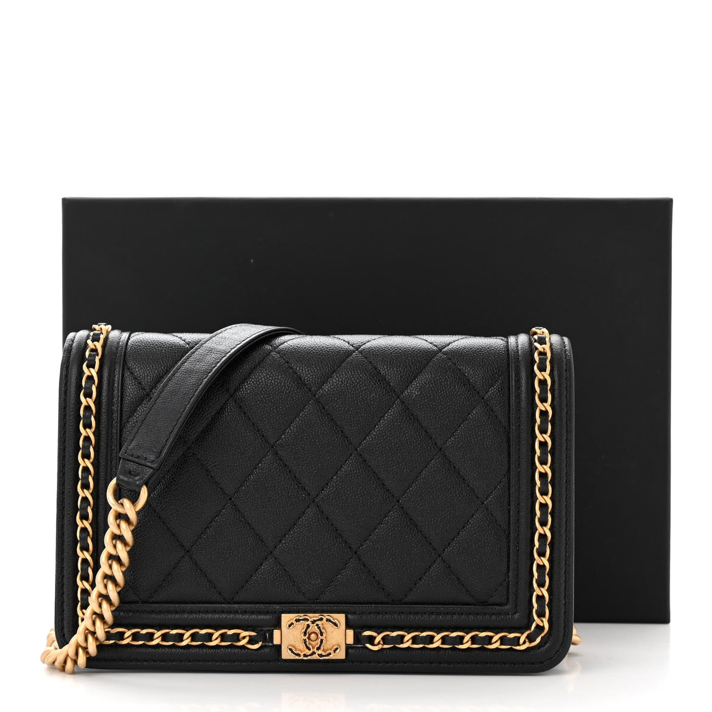 Caviar Quilted Chain Around Boy Wallet On Chain WOC Black