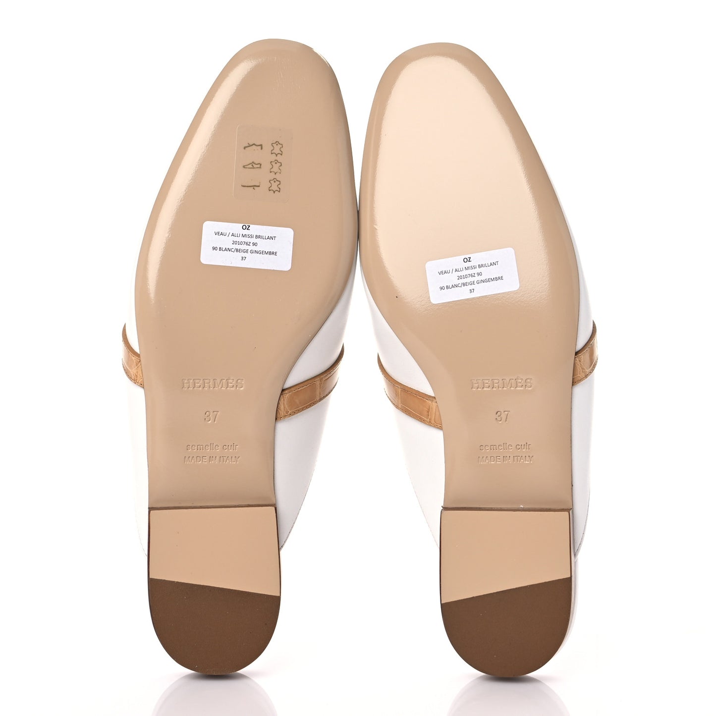 Shiny Alligator Calfskin Oz Mules 37 White Beige Gingembre