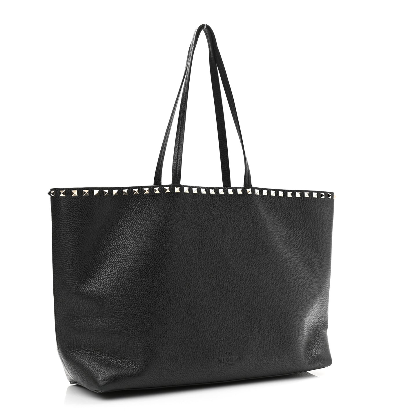 Grained Calfskin Rockstud Shoulder Tote Black