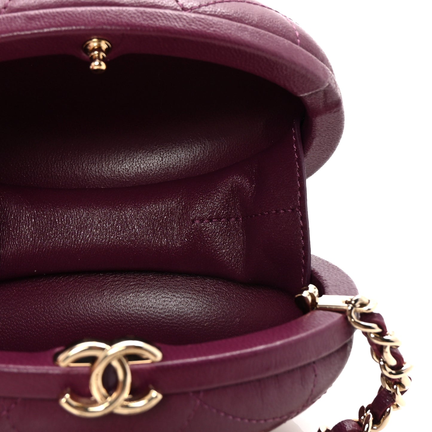 Lambskin Quilted Oval Minaudiere Chain Clutch Purple