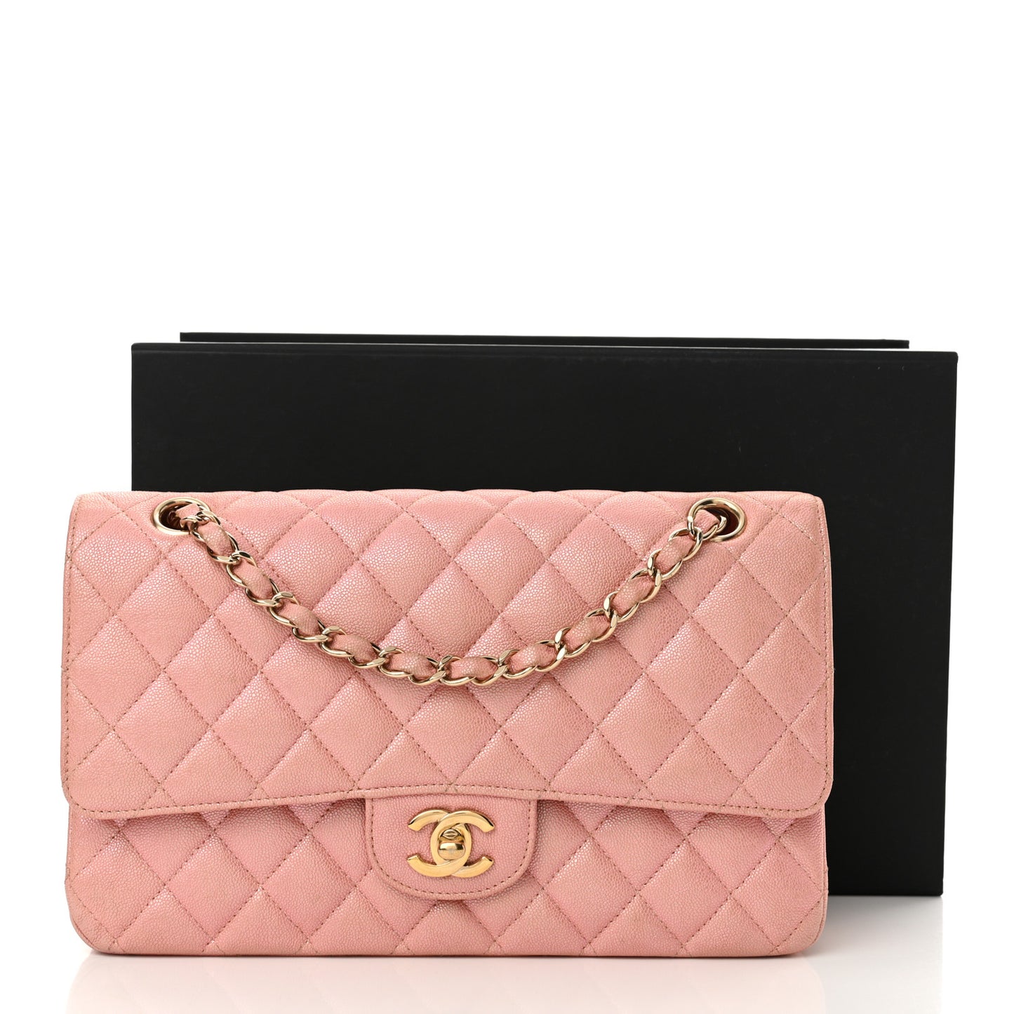 Iridescent Caviar Quilted Medium Double Flap Rose Pink