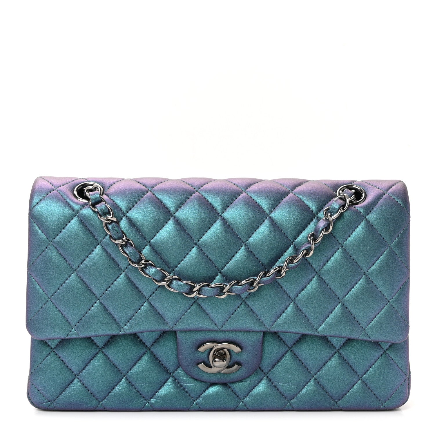 Chanel Metallic Lambskin Quilted Medium Double Flap Turquoise