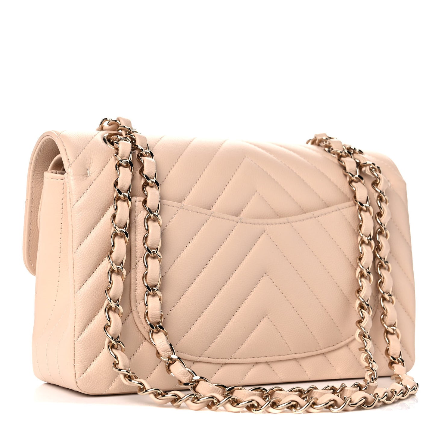 Caviar Chevron Quilted Small Double Flap Beige