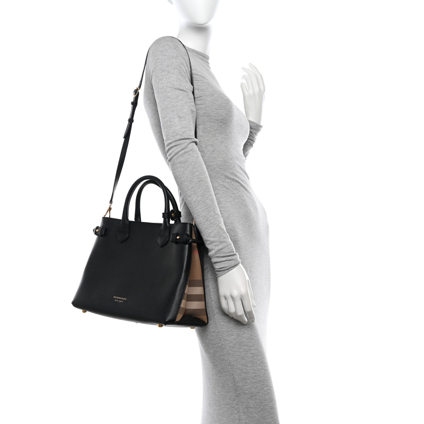 Grainy Calfskin House Check Medium Banner Tote Black