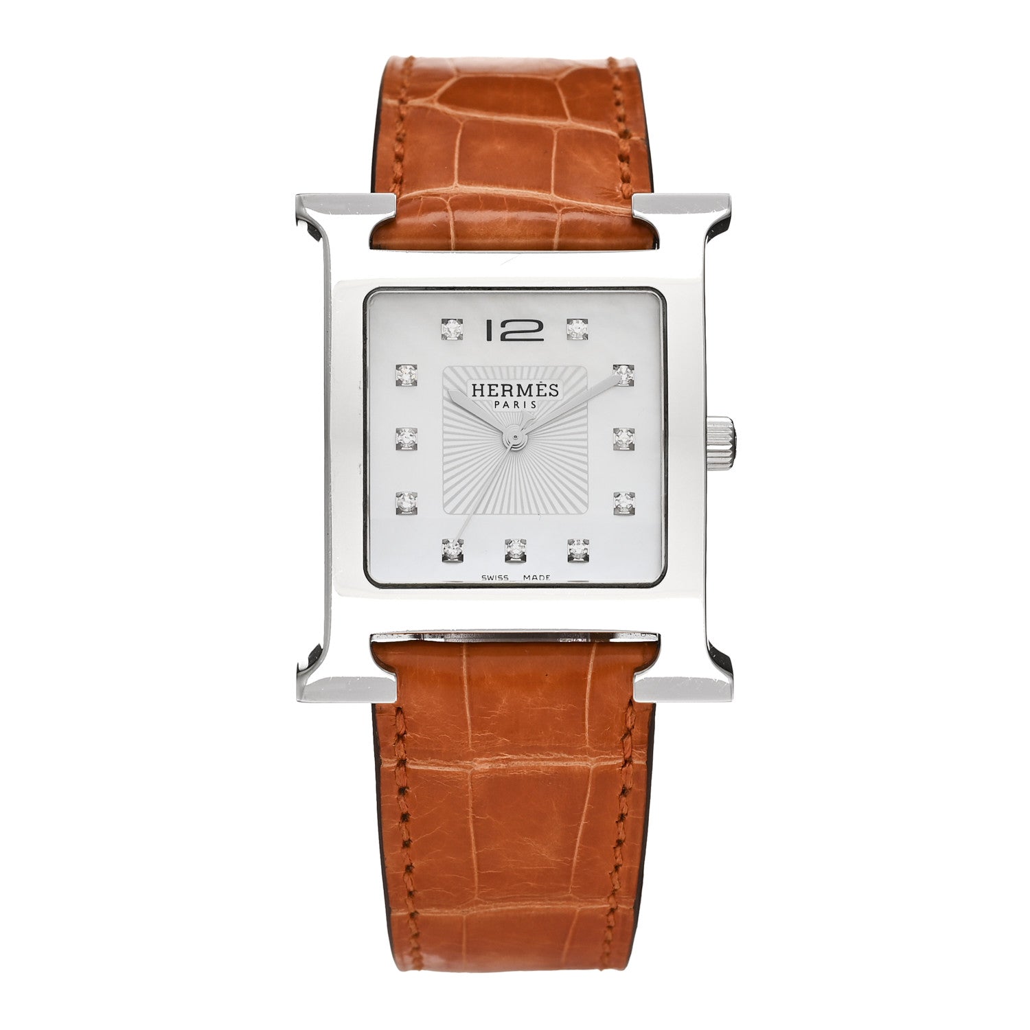 HERMES レディース腕時計 ホワイト/ブラウン Hermes Stainless Steel Alligator Diamond Mother of Pearl 30.5mm
