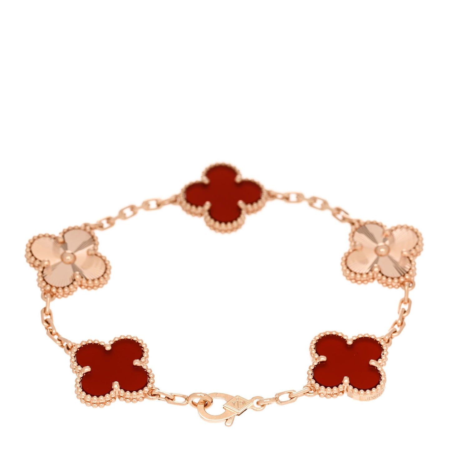 18K Rose Gold Carnelian 5 Motifs Guilloche Vintage Alhambra Bracelet