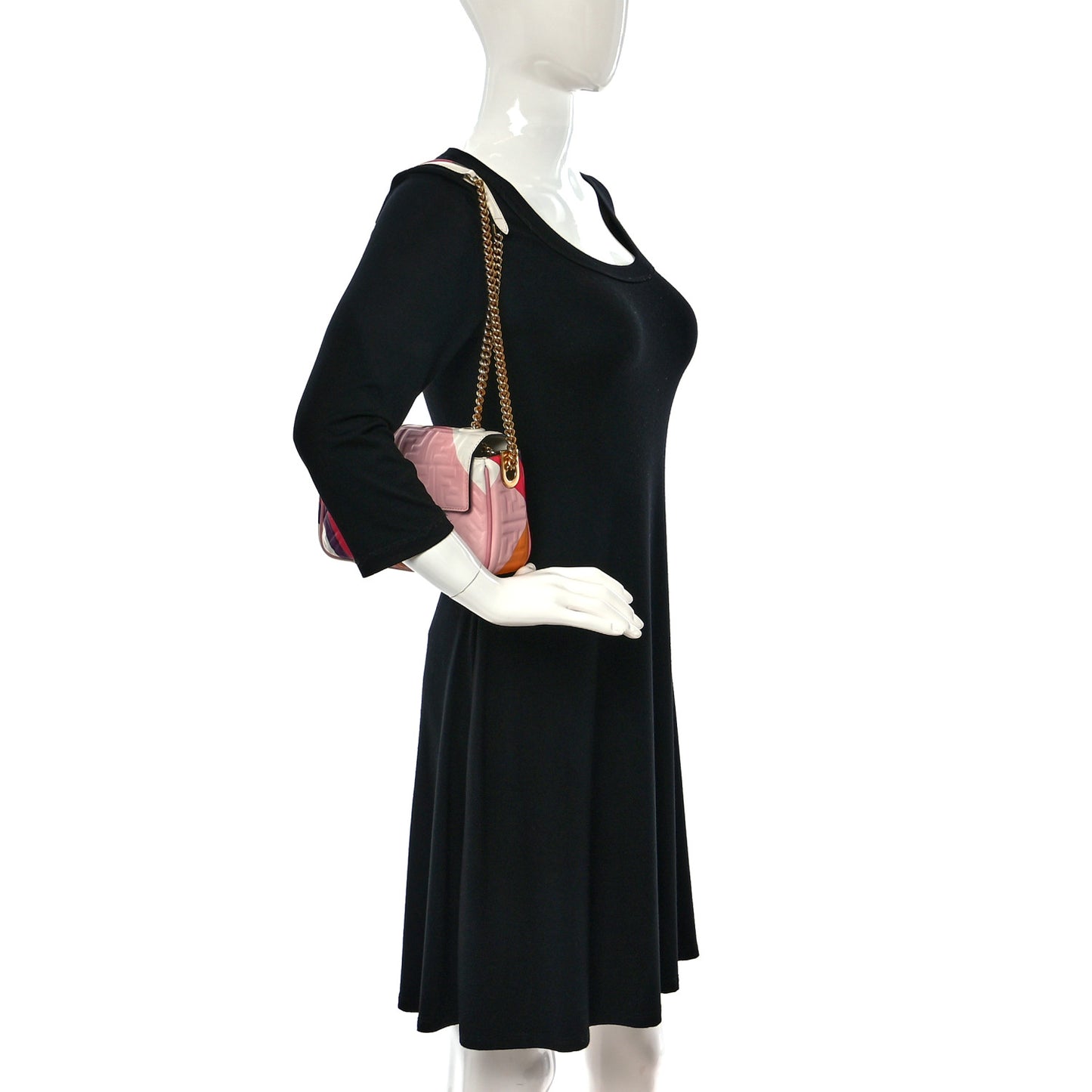 Nappa FF Embossed Line Print Midi Chain Baguette White Multicolor