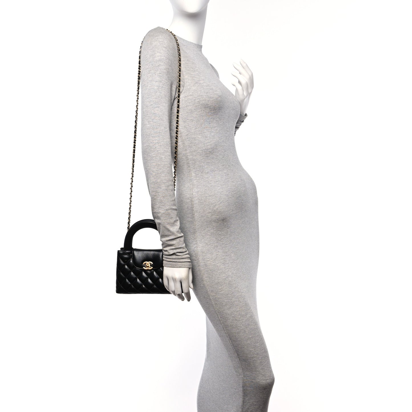 Shiny Aged Calfskin Quilted Nano Kelly Shopper Black