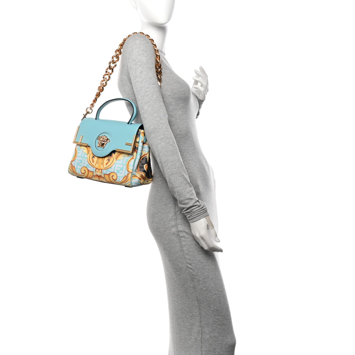 X FENDI Grained Calfskin Fendace La Medusa Medium Top Handle Bag Baby Blue Multicolor